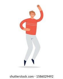 Young happy laughing man jumping with raised hands in various pose. Joyful positive boy rejoicing and dancing. Happiness, freedom, motion concept. Colored vector illustration isolated on white