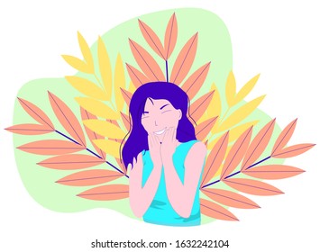 Young happy laughing woman among flowers. Joyful positive girl rejoices. Happiness, freedom. Colored flat vector illustration.