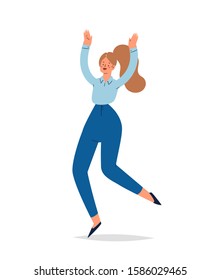 Young happy laughing woman jumping with raised hands in various pose. Joyful positive girl rejoicing and dancing. Happiness, freedom, motion concept. Colored vector illustration isolated on white