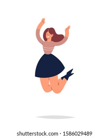 Young happy laughing woman jumping with raised hands in various pose. Joyful positive girl rejoicing and dancing. Happiness, freedom, motion concept. Colored vector illustration isolated on white