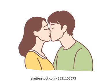 young happy loving couple boy and girl reaching for each other in kiss with eyes closed. Hand drawn style vector design illustrations.