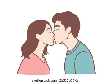 young happy loving couple boy and girl reaching for each other in kiss with eyes closed. Hand drawn style vector design illustrations.