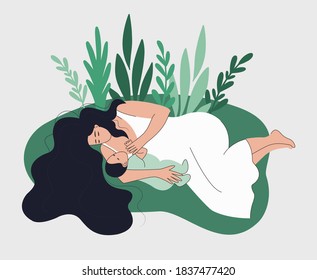 Young happy lying beautiful woman with newborn baby. Young mother holding baby. Vector breast feeding illustration