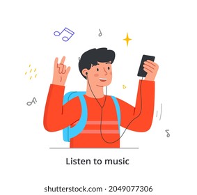 Joven personaje masculino feliz está escuchando música en smartphone con auriculares de fondo blanco. Concepto de personas disfrutando escuchando diferentes tipos de música. Ilustración vectorial de dibujos animados planos