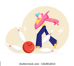 Young Happy Male Character Wearing Casual Clothing Throw Ball Hitting Perfect Strike in Bowling Alley. Professional Player at Sport Game Competition, Active Lifestyle. Cartoon Flat Vector Illustration