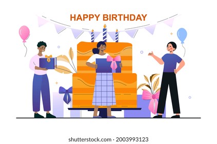 Young happy male and female characters are holding birthday pesents for a birthday friend. Young friends celebrating with big birthday cake. Flat cartoon vector illustration