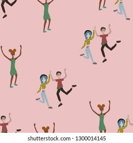 Young happy male and female dancing. Seamless pattern. Smiling dancers people isolated on white background. Men and women dance like on party. Drawing in cartoon flat style. Color vector illustration