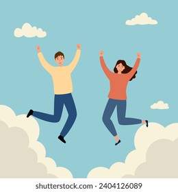 Young happy male and female jumping on blue sky with cloud background. Enjoy your life concept.