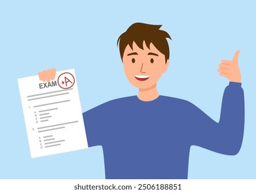 Young happy male student showing test exam results with thumbs up. Grade A exam score.