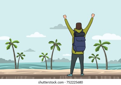 A young happy man, back view of backpacker with raised hands on the sea beach. Hiker, Explorer. A symbol of success. Vector Illustration with copy space.