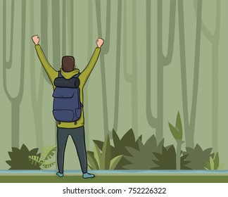 A young happy man, back view of backpacker with raised hands in the jungle forest. Hiker, Explorer, mountaineer. A symbol of success. Vector Illustration with copy space.