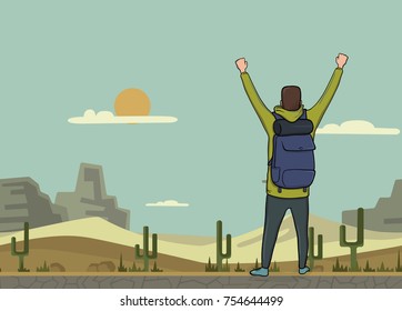 A young happy man, back view of backpacker with raised hands in the desert. Hiker, Explorer. A symbol of success. Vector Illustration with copy space.