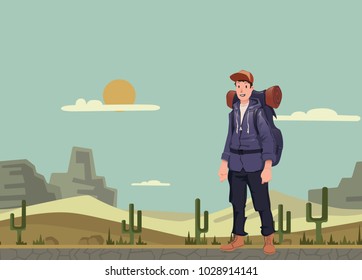 A young happy man, backpacker in the desert. Hiker, Explorer. Vector Illustration with copy space.
