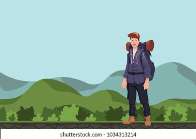 A young happy man, backpacker in a hilly area. Hiker, Explorer. Vector Illustration with copy space.