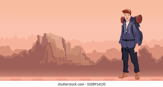 A young happy man, backpacker in mountain landscape. Hiker, Explorer. Vector Illustration with copy space.
