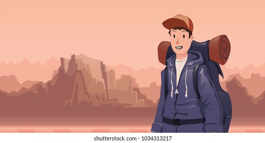 A young happy man, backpacker in mountain landscape. Hiker, Explorer. Vector Illustration with copy space.