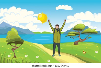 A young happy man, backpacker with raised hands on the seaside. Hiker and Explorer. A symbol of success. Vector Illustration.