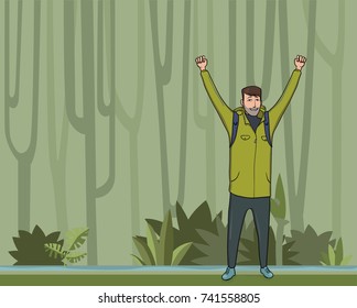 A young happy man, backpacker with raised hands in the jungle forest. Hiker, Explorer, mountaineer. A symbol of success. Vector Illustration with copy space.