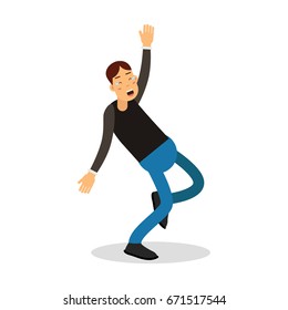 Young happy man in black pullover laughing with tears cartoon character vector Illustration
