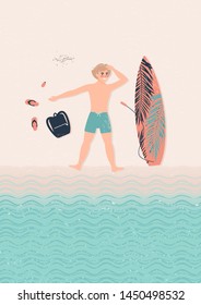 young happy man blonde in a bathing suit lies on the beach and relax next to his surfboard. Surfers.