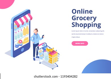 Young happy man character with shopping cart. Happy shopper. Online Grocery Shopping and  Supermarket concept. Flat vector isolated  illustration isolated on white.