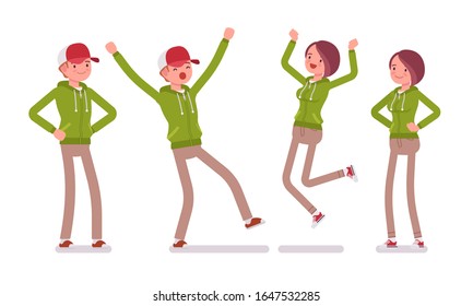 Young happy man and cheerful woman wearing a hoodie jacket in positive emotions. Cute smart people in casual green hoody, youth city fashion hooded sweatshirt. Vector flat style cartoon illustration