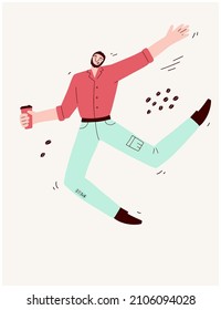 Young happy man with coffee to go cup concept. Cartoon boy cheerfully runs to work. I love my job postcard. Good morning symbol. Office character. Bearded guy in a shirt and jeans. Vector illustration