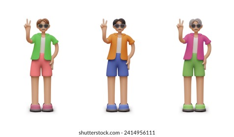 Young happy man in colorful different clothes standing on white background and shows victory hand sign. Man on summer holidays. Vector illustration in 3d style