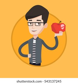 Young happy man holding an apple in hand. Cheerful man eating an apple. Smiling caucasian man enjoying fresh healthy red apple. Vector flat design illustration in the circle isolated on background.