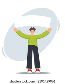 Young happy man holding blank banner, advertisement in his hands, public manifestation concept, flat vector illustration