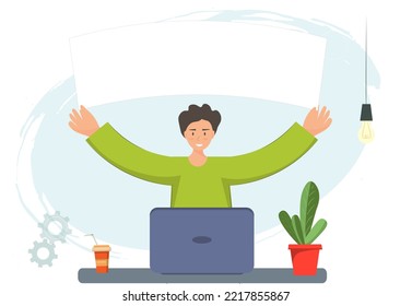 Young happy man holding blank banner sitting at the work place, advertisement in his hands, public manifestation concept, flat vector illustration