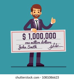 Young Happy Man Holding Money Prize Check For One Million Dollars. Cash Lottery Winnings And Success Vector Concept. Man Character With Million Prize Lottery Check Illustration