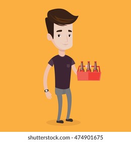 Young happy man holding pack of beer. Full length of cheerful man carrying a six pack of beer. Vector flat design illustration. Square layout.