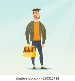 Young Happy Man Holding Pack Of Beer. Full Length Of Cheerful Hipster Man Carrying A Six Pack Of Beer. Caucasian Smiling Man Buying Beer. Vector Flat Design Illustration. Square Layout.