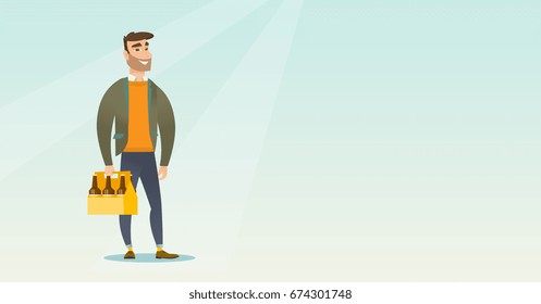 Young happy man holding pack of beer. Full length of cheerful hipster man carrying a six pack of beer. Caucasian smiling man buying beer. Vector flat design illustration. Horizontal layout.