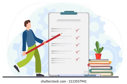 Young happy man holding pencil and examining check list or document, business analysis, audit, research concept, flat vector illustratiion