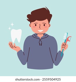 Young happy man holding toothbrush, interdental brush. Vector illustration of dental care recommendations.