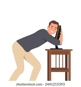 Young happy man Hugging Computer. Flat vector illustration isolated on white background