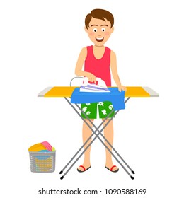 Young happy man ironing his clothes on ironing board at home