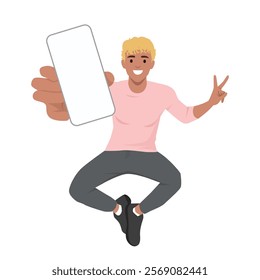 Young happy man jumping with smartphone. Flat vector illustration isolated on white background