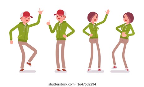 Young happy man and laughing woman wearing a hoodie jacket in positive emotions. Cute smart people in casual green hoody, youth city fashion hooded sweatshirt. Vector flat style cartoon illustration