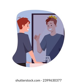 Young happy man looking in the mirror and imagine. In the mirror fake reflection is great king with crown. Vector cartoon positive motivational illustration. Be confident in yourself