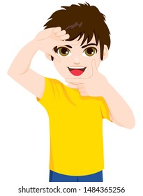 Young happy man making framing gesture with both hands an looking through