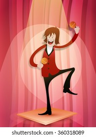 Young happy man playing maracas on stylish background for Happy Valentine's Day celebration.