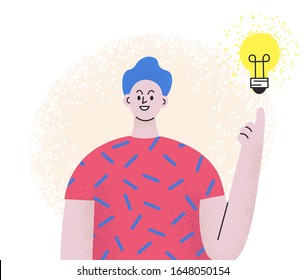 Junger glücklicher Mann, der auf eine Ideenlampe zeigt. Konzept der Geschäftsidee. Vektorillustration  