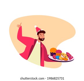 Young Happy Man Prepare Xmas Bakery Cakes for Christmas Eve, Noel and Happy New Year. Glittering Garland Festive Congratulate. Boy Create Family Cosy Fairy Atmosphere picture Greeting Card Flat vector