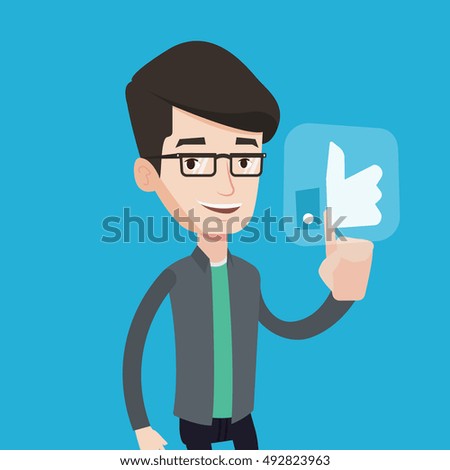 Young happy man pressing like button. Man pressing modern social button with thumb up. Caucasian smiling man pressing social network button. Vector flat design illustration. Square layout.