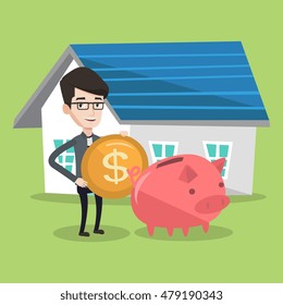 Young happy man putting dollar coin in piggy bank. Cheerful man standing on a background of house. Concept of saving and investing money in real estate. Vector flat design illustration. Square layout.