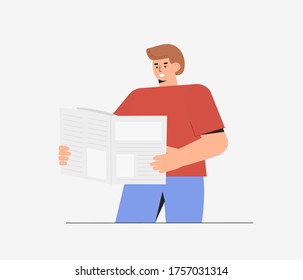 Young happy man reads positive news in newspaper. Flat style vector illustration.