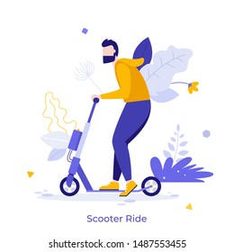 Young happy man riding motorized kick scooter isolated on white background. Funny guy on modern personal electric transporter. Sports outdoor activity. Flat cartoon colorful vector illustration.